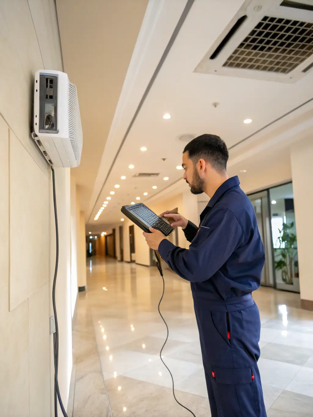 An IceWave Comfort technician using advanced diagnostic tools to optimize the energy efficiency of an HVAC system in a modern office building.
