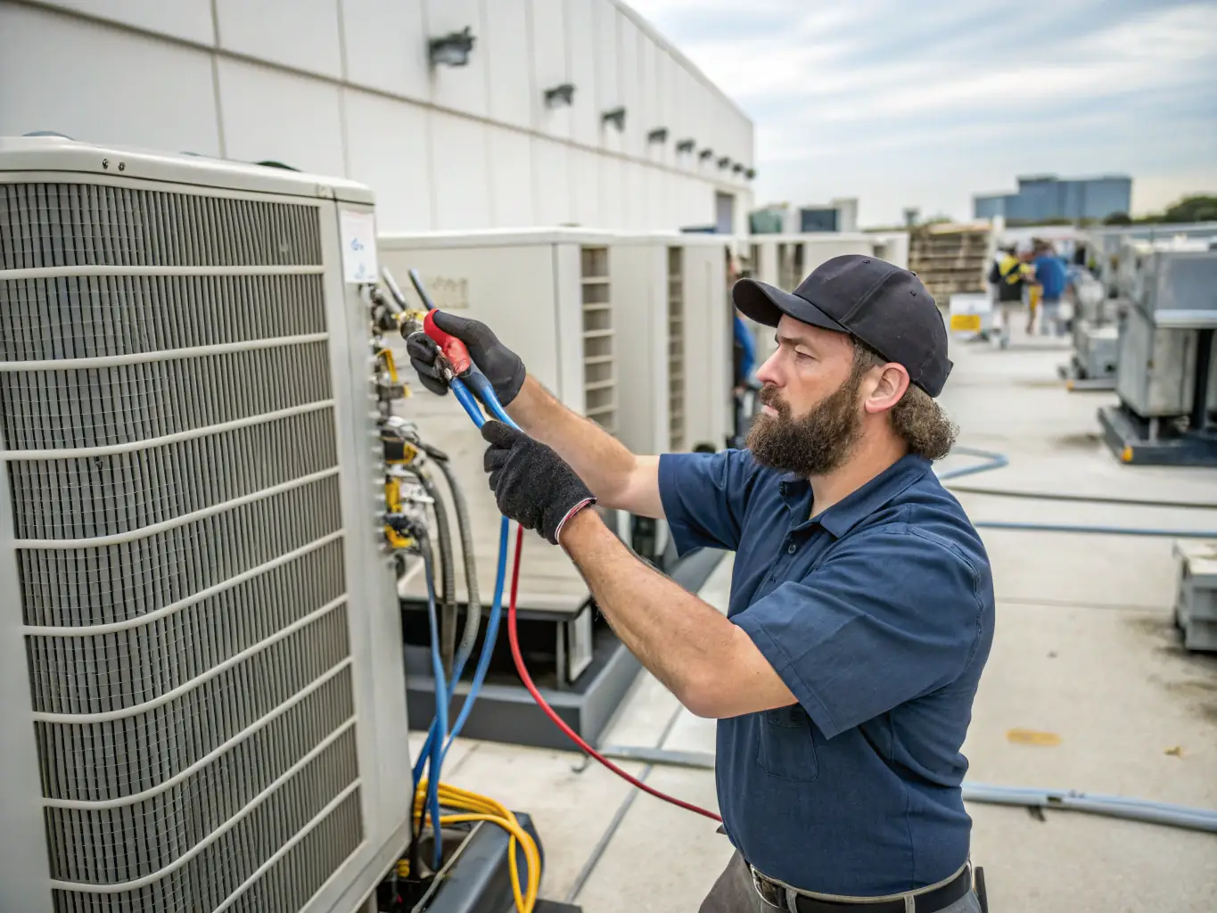 A technician performing emergency repairs on a commercial HVAC system during a service call, highlighting IceWave Comfort's rapid response and expertise.