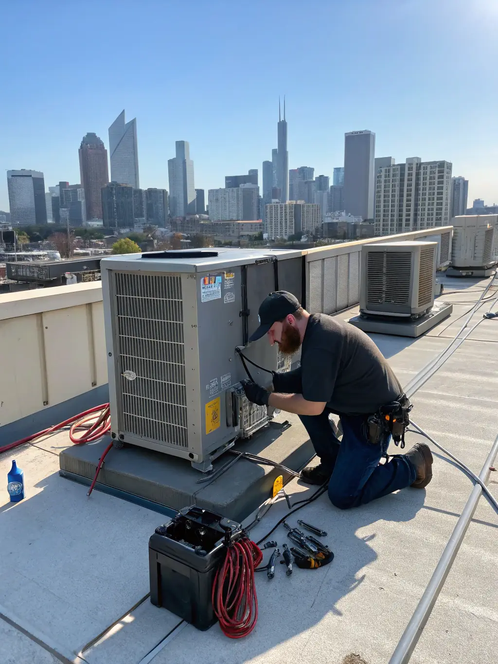 A wide shot of a large commercial building with IceWave Comfort technicians working on the HVAC system on the rooftop, emphasizing their commercial expertise.