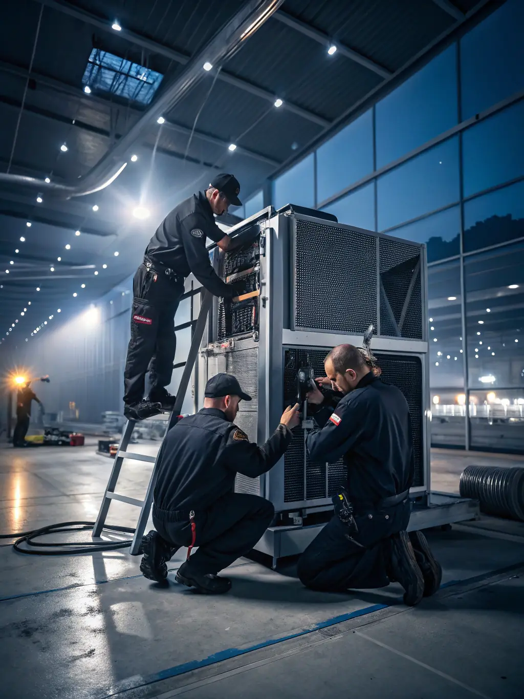A commercial HVAC system being installed in a large office building, emphasizing the scale and complexity of the project.