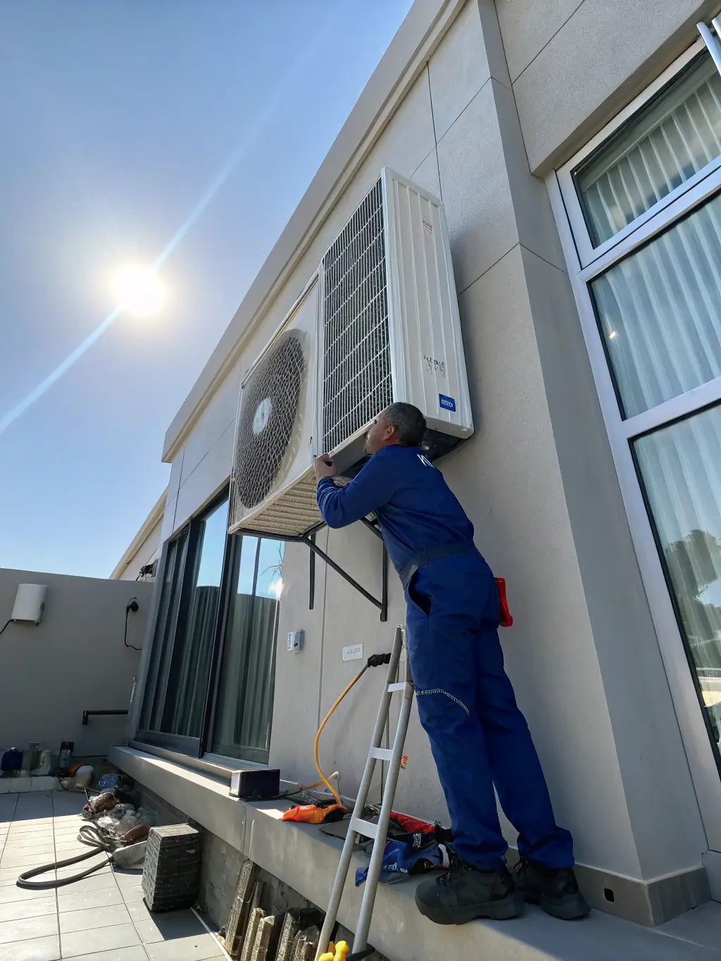 A modern, energy-efficient HVAC unit being installed in a residential home, showcasing the latest technology and design.